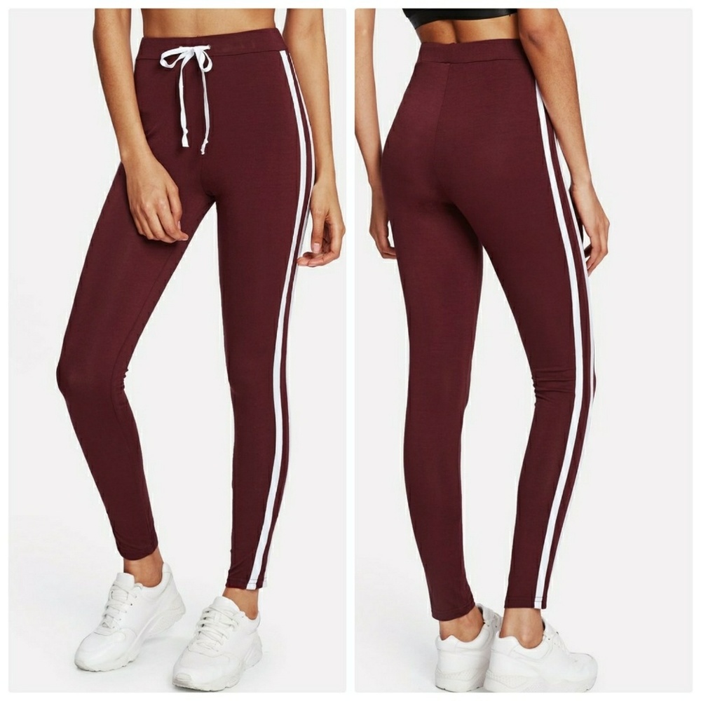 Sporty Burgundy Drawstring Leggings